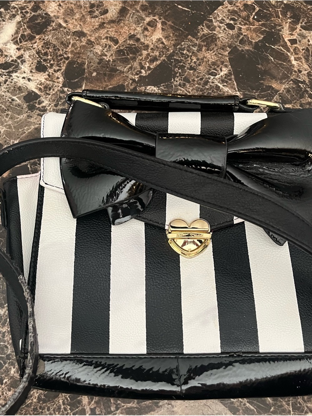 Betsey Johnson Black and White Striped Bow Crossbody with Gold Heart Lock